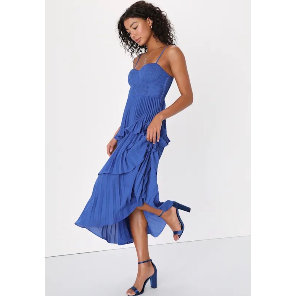Lulus Cascading Crush Cobalt Blue Tiered Bustier Midi Dress